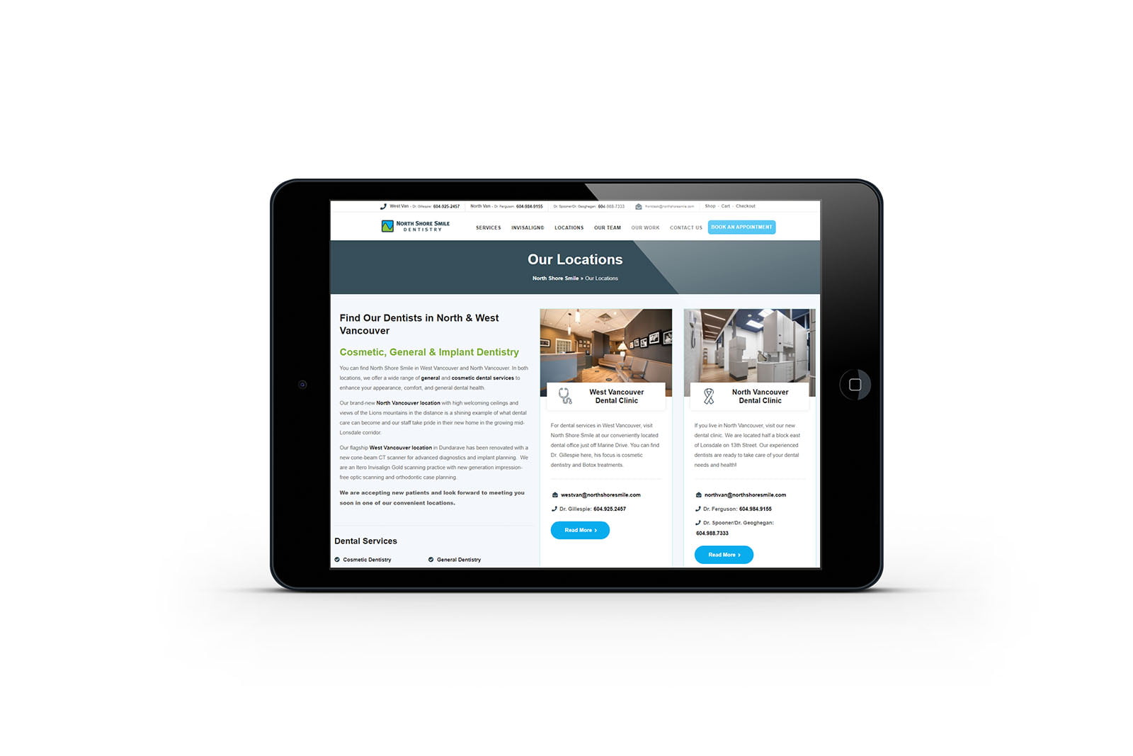 North shore smile dental website portfolio tablet 3